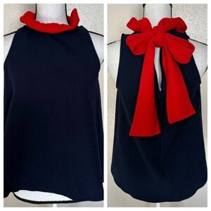Pomander Place Mason Navy Blue Ruffle Neck Tie Sleeveless Blouse Womens Size XS